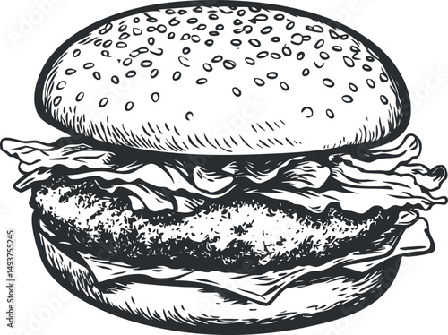 Black and white detailed illustration of a chicken burger sandwich with lettuce on a sesame seed bun
