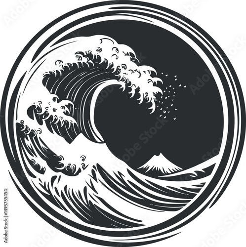 Black and white circular illustration of a powerful ocean wave with a mountain in the background and birds flying