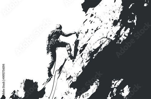 Black and white image of a climber ascending a steep rocky mountain using ropes and climbing gear