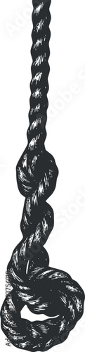 Close-up of a twisted rope with a complex knot and loop in black and white illustration.