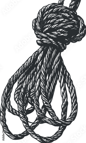 Black and white detailed illustration of a tied rope noose with twisted strands and texture