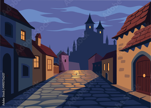 medieval cobblestone street at dusk