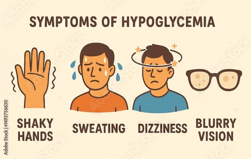 Illustrated icons of hypoglycemia symptoms featuring shaky hands, sweating, dizziness, and blurry vision. concept of health awareness, medical symptoms, educational aid