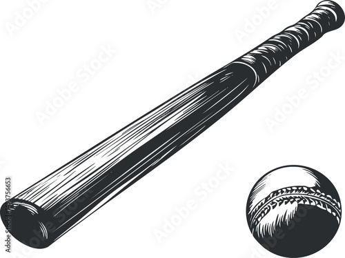 Black and white illustration of a wooden baseball bat with a stitched baseball on white background