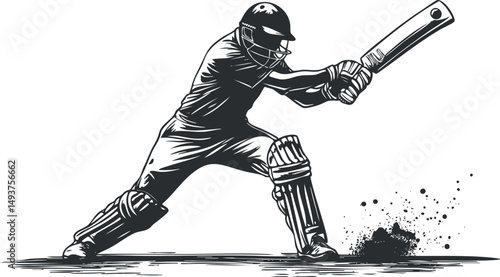 Black and white illustration of a cricket batsman in full gear striking the ball on the pitch during a game