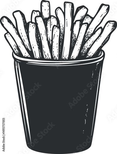 Black and white line art drawing of crispy french fries in a container for fast food or snack menus.
