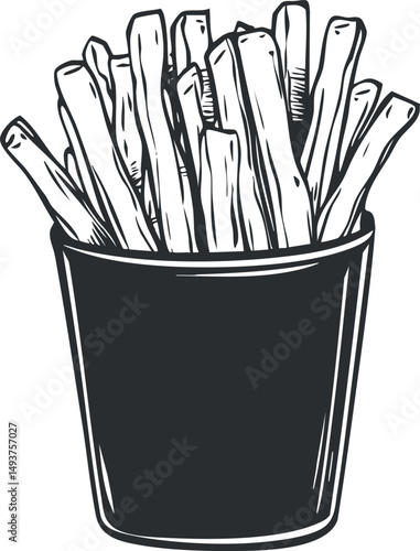 Black and white hand-drawn illustration of crispy French fries in a container, perfect for fast food or snack concepts