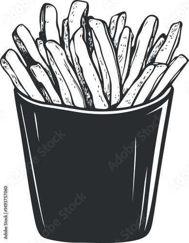 Black and white illustration of a container filled with crispy French fries fast food snack