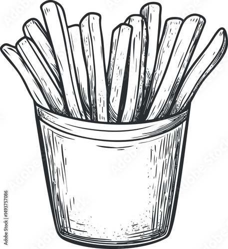 Hand drawn black and white illustration of crispy fries in a container, fast food snack