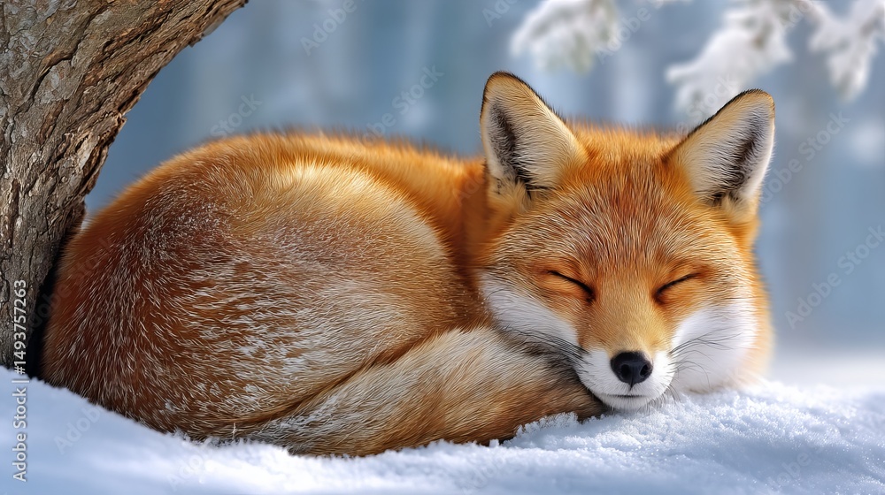 Fototapeta premium Sleeping Fox Curled Into a Ball Under a Snow-Covered Tree in a Winter Forest