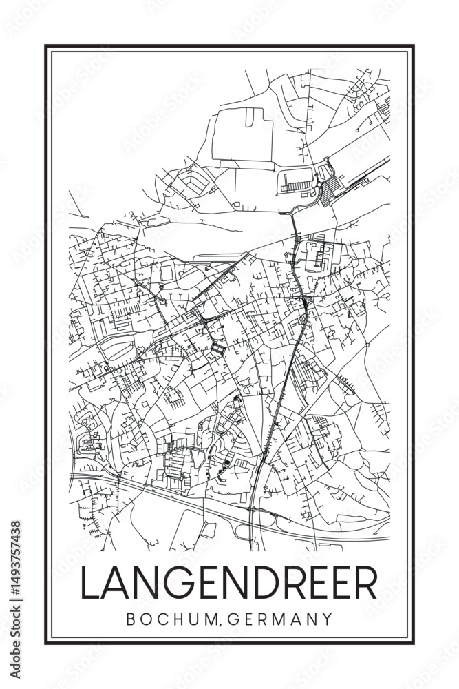 Obraz premium Hand drawn printable downtown road map poster of borough LANGENDREER of the German city of BOCHUM on solid white background with city name