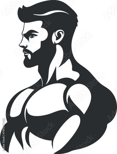 Black and white silhouette of a muscular man with beard showing strong physique in profile