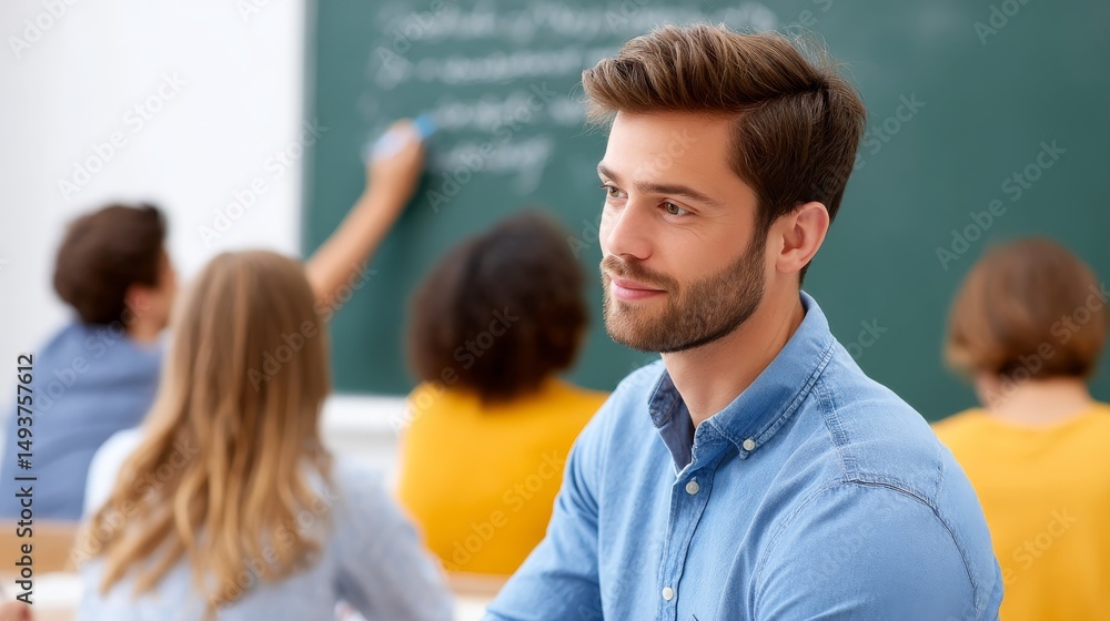 Fototapeta premium Teacher Observing Students Engaged in Learning While Writing on Chalkboard in a Bright Classroom