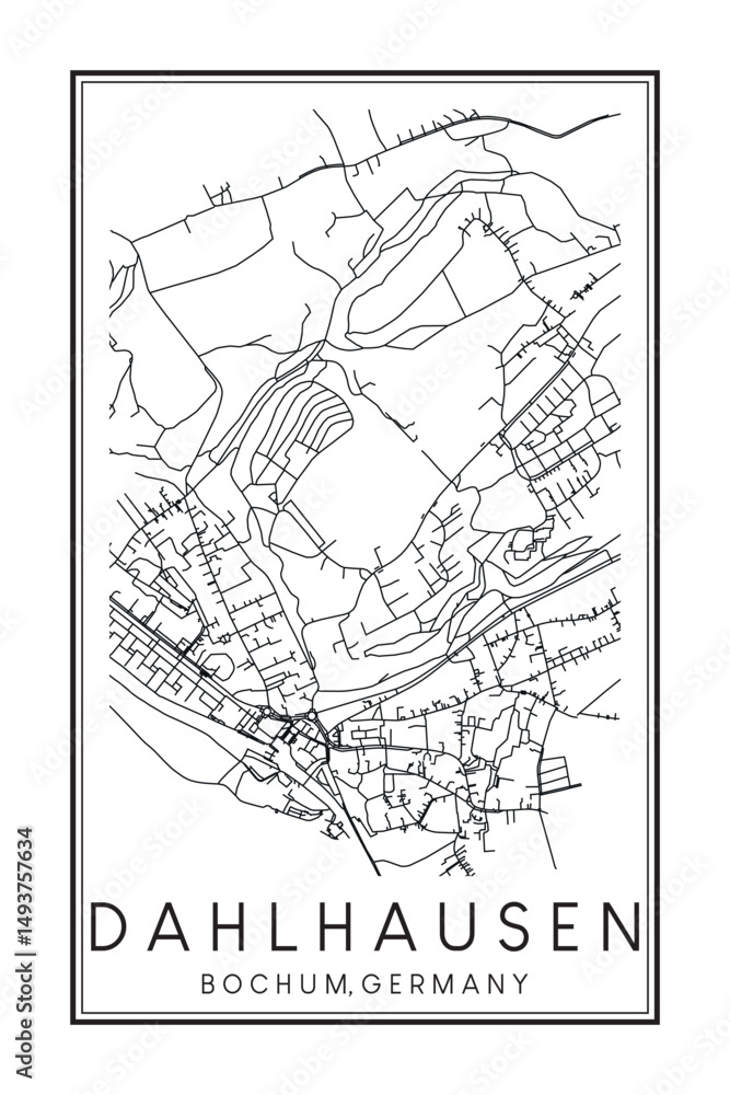 Obraz premium Hand drawn printable downtown road map poster of borough DAHLHAUSEN of the German city of BOCHUM on solid white background with city name