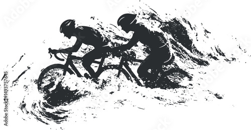 Silhouette illustration of two cyclists racing on road bikes with dynamic motion effect
