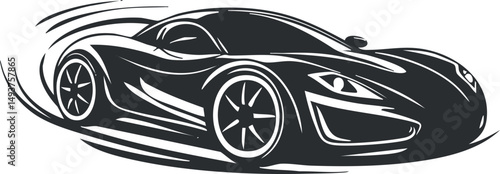 Stylized black and white illustration of a sleek sports car speeding with dynamic motion lines