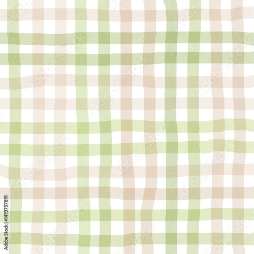 Sage Green Brown Beige Plaid Gingham Check Hand Drawn Background Pattern Overlay