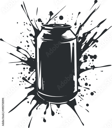 Black silhouette of a can with paint splash effect isolated on white background