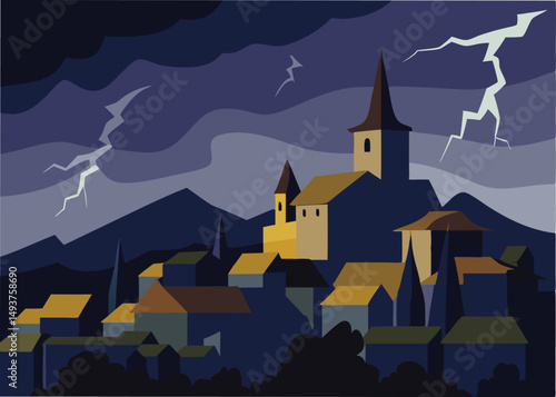 thunderstorm above medieval village rooftops