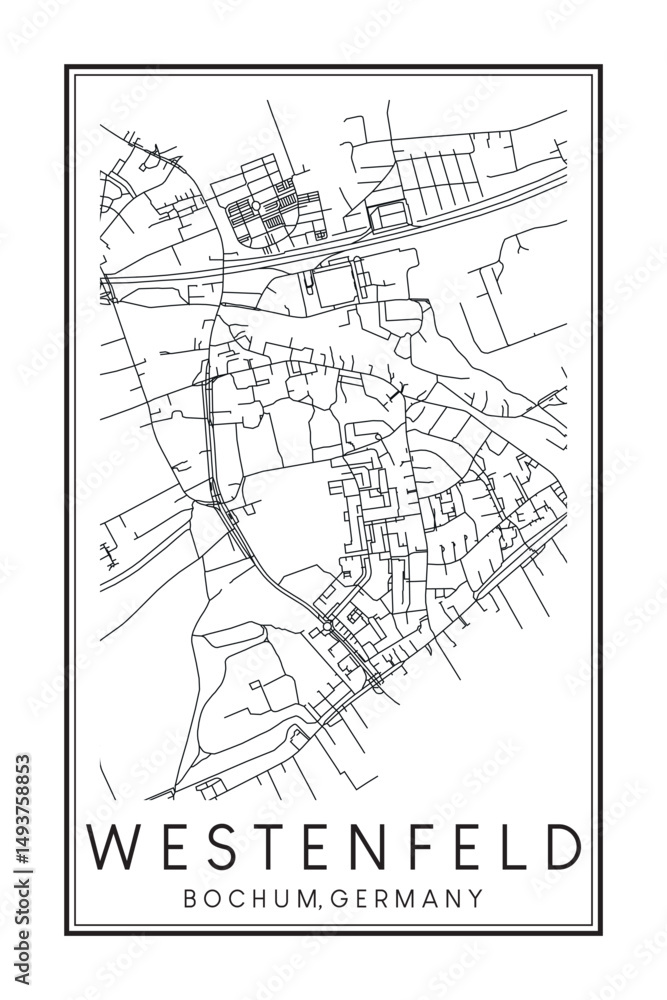 Hand drawn printable downtown road map poster of borough WESTENFELD of the German city of BOCHUM on solid white background with city name Hand drawn printable downtown road map poster of borough WESTENFELD of the German city of BOCHUM on solid white background with city name