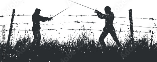 Silhouette of two men fencing with swords near a barbed wire fence in an outdoor grassy field
