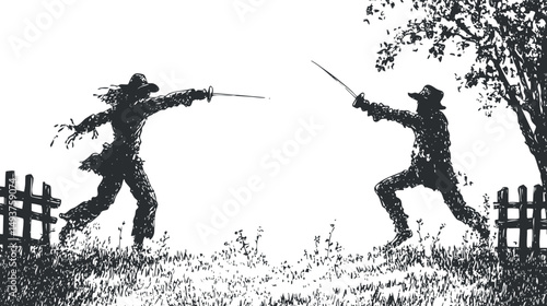 Silhouette of two cowboys dueling with swords outdoors near fences and a tree in a wild west setting