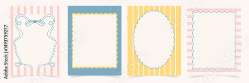 Cute minimalistic hand drawn frames. Vintage frames with fancy lines and ribbons. Vector template for postcard, poster, wedding invitation.