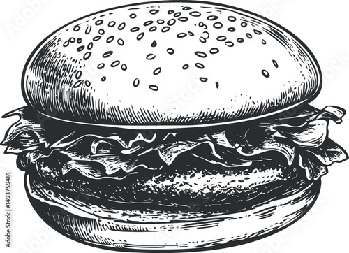 Black and white hand drawn illustration of a classic hamburger with lettuce and sesame seed bun