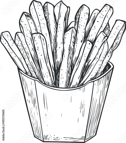 Hand drawn sketch of crispy French fries in a container isolated on white background