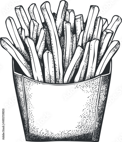 Hand drawn illustration of crispy French fries in a paper container, classic fast food snack