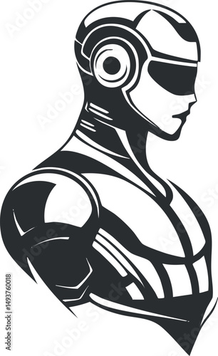 Black and white stylized illustration of a futuristic robot or android in profile view with cybernetic details