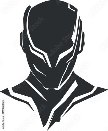 Black and white silhouette of a futuristic robotic android head and shoulders with sleek armor design