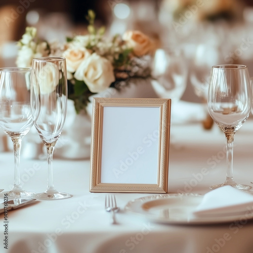 Close-up of Table Frame Mockup on Elegant Round Table with White Tablecloth in Restaurant Interior. Ideal for showcasing table numbers, names, menu cards, or QR codes. Perfect for wedding mockups, eve