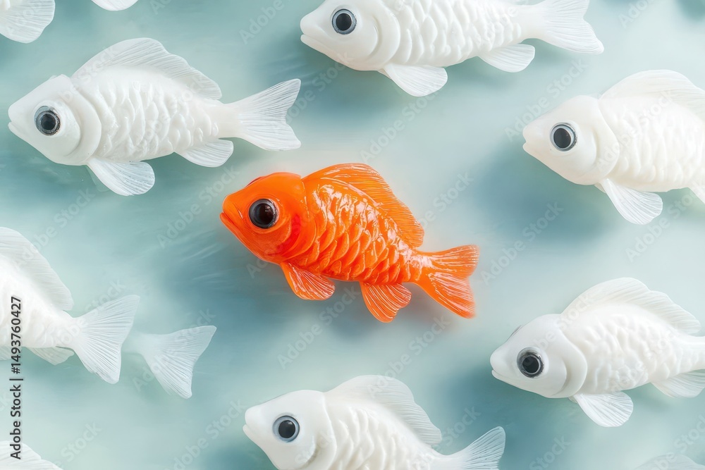 Fototapeta premium Orange fish with white ones on blue