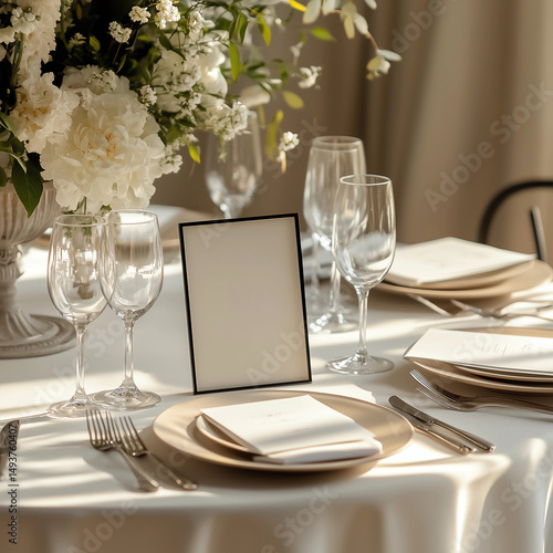 Close-up of Table Frame Mockup on Elegant Round Table with White Tablecloth in Restaurant Interior. Ideal for showcasing table numbers, names, menu cards, or QR codes. Perfect for wedding mockups, eve