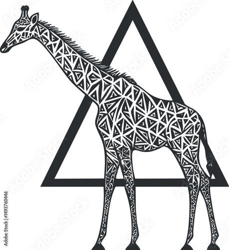 Black and white stylized giraffe illustration with geometric tribal patterns and a triangle background