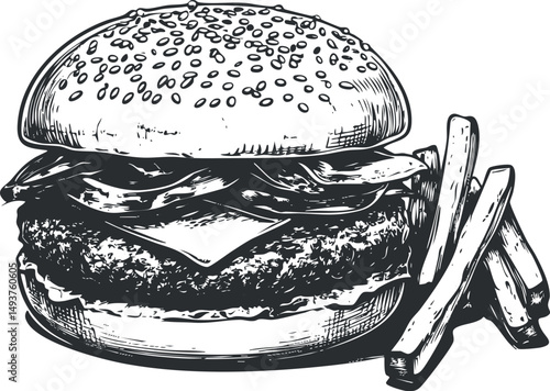 Black and white illustration of a cheeseburger with bacon and a side of crispy French fries on a white background.