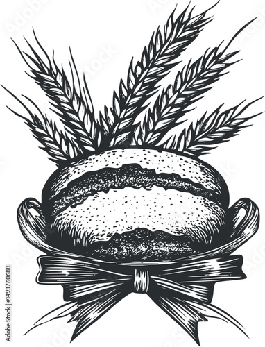 Vintage black and white illustration of a loaf of bread decorated with wheat stalks and a ribbon bow