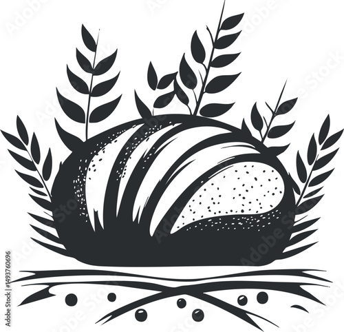 Black and white vector illustration of a fresh loaf of bread surrounded by wheat stalks and leaves