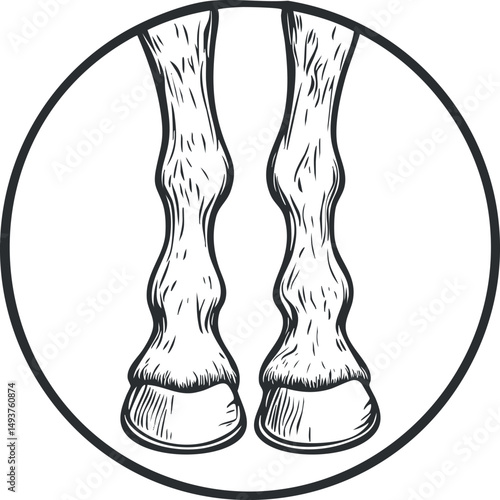 Black and white illustration of horse front legs and hooves inside a circular frame