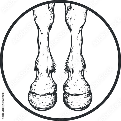 Black and white illustration of horse hooves and lower legs inside a circular frame showing detailed hoof anatomy
