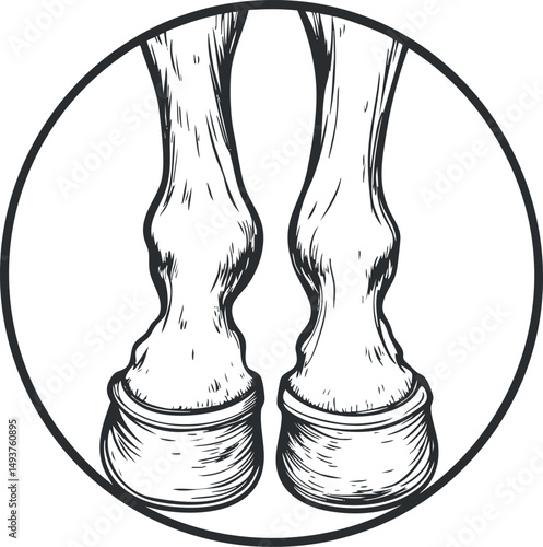 Black and white line drawing illustration of horse hooves and lower legs inside a circle isolated on white background