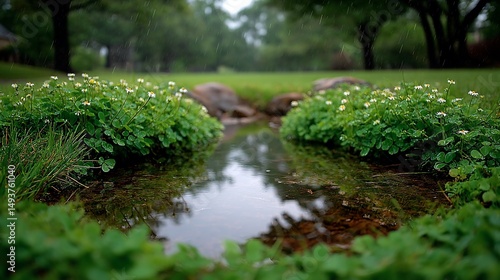 Serene rainy pond with clover margins