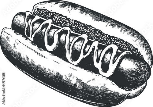 Black and white sketch of a classic hotdog with sausage in bun topped with mustard swirl