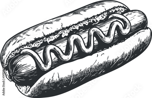 Black and white hand drawn illustration of a hotdog with mustard on a bun, classic fast food