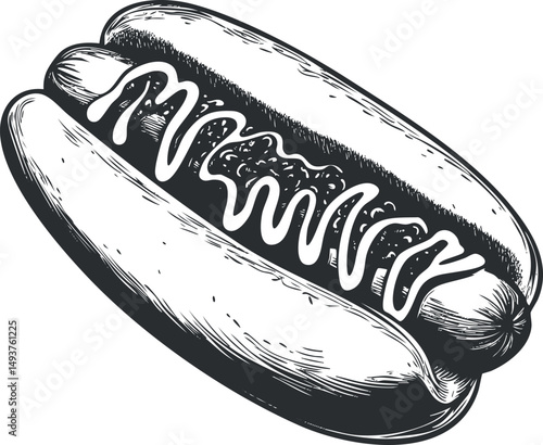Black and white hand drawn illustration of a hotdog with mustard and ketchup in a bun