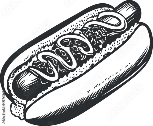 Black and white illustration of a classic hotdog with sausage in bun topped with mustard and relish