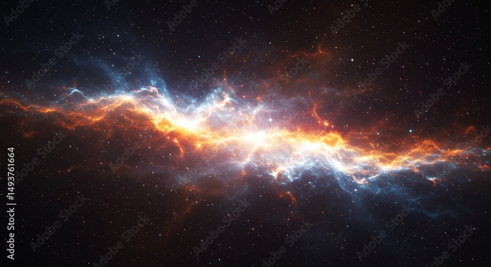 Fototapeta premium A mesmerizing digital representation of a nebula in space, with glowing stars, cosmic clouds, and colorful light waves. The scene should evoke the vastness of space and the beauty of the unknown