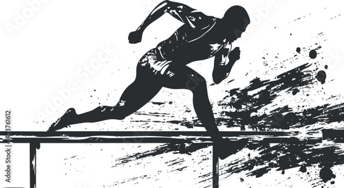 Silhouette of a male athlete sprinting and jumping over a hurdle during a track and field race