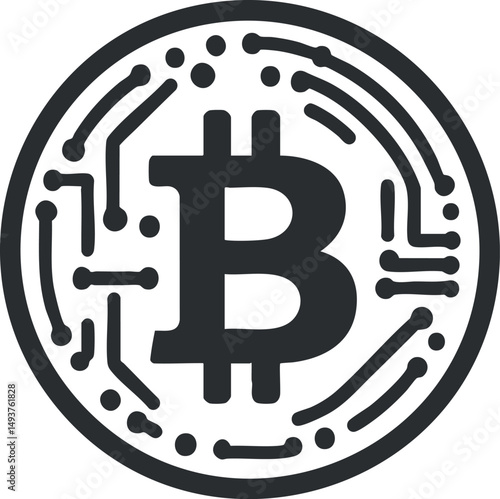 Black and white bitcoin symbol with blockchain circuit design representing digital cryptocurrency and finance